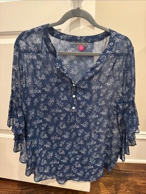 Vince Camuto Navy White Floral Sheer Button V-Neck Blouse